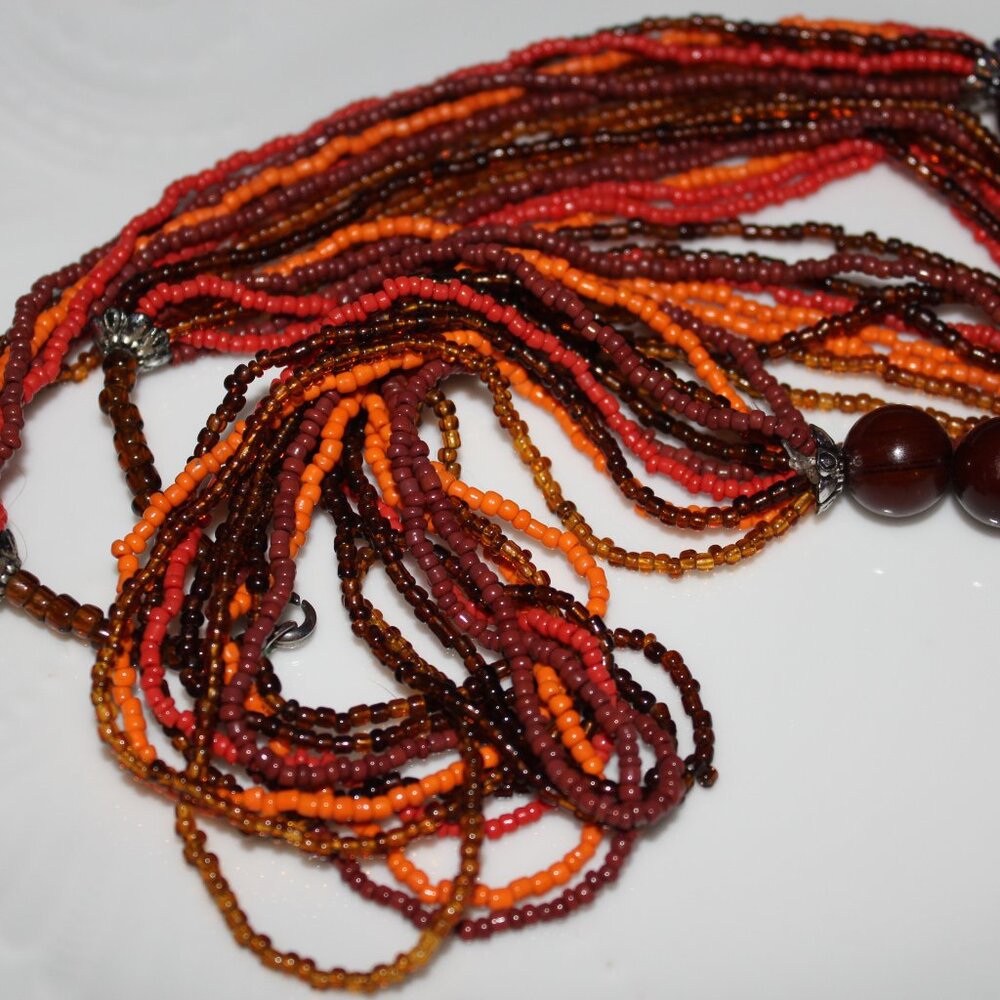 Vintage Long Multi Strand Seed Bead Necklace Fall Autumn Colors Wood Bead Accent